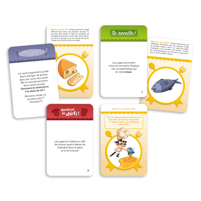La guerre des toques – Exemples de cartes-questions : À toi de jouer, Ta recette, Relève le défi, etc.