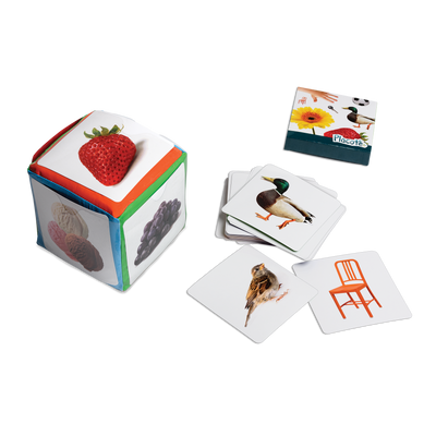 Le dé des premiers mots - Composantes du jeu : dé à pochettes, boite de cartes et exemples de cartes (oiseau, chaise, canard)