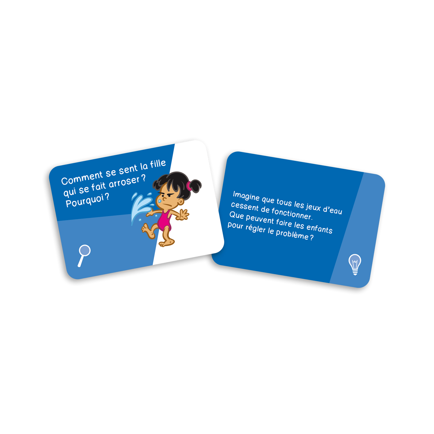 Raisonne au parc - Exemples de cartes-questions (cartes bleues, dont Comment se sent la fille qui se fait arroser? Pourquoi?)