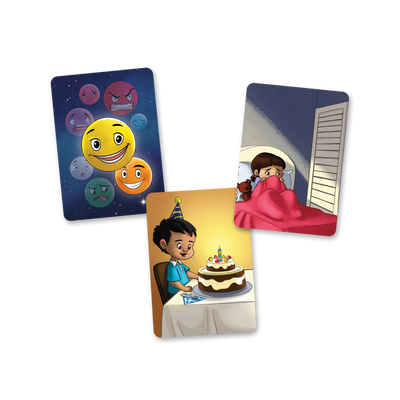 La planète des émotions - Exemples de cartes-situations : fille apeurée dans son lit, garçon heureux devant un gâteau de fête