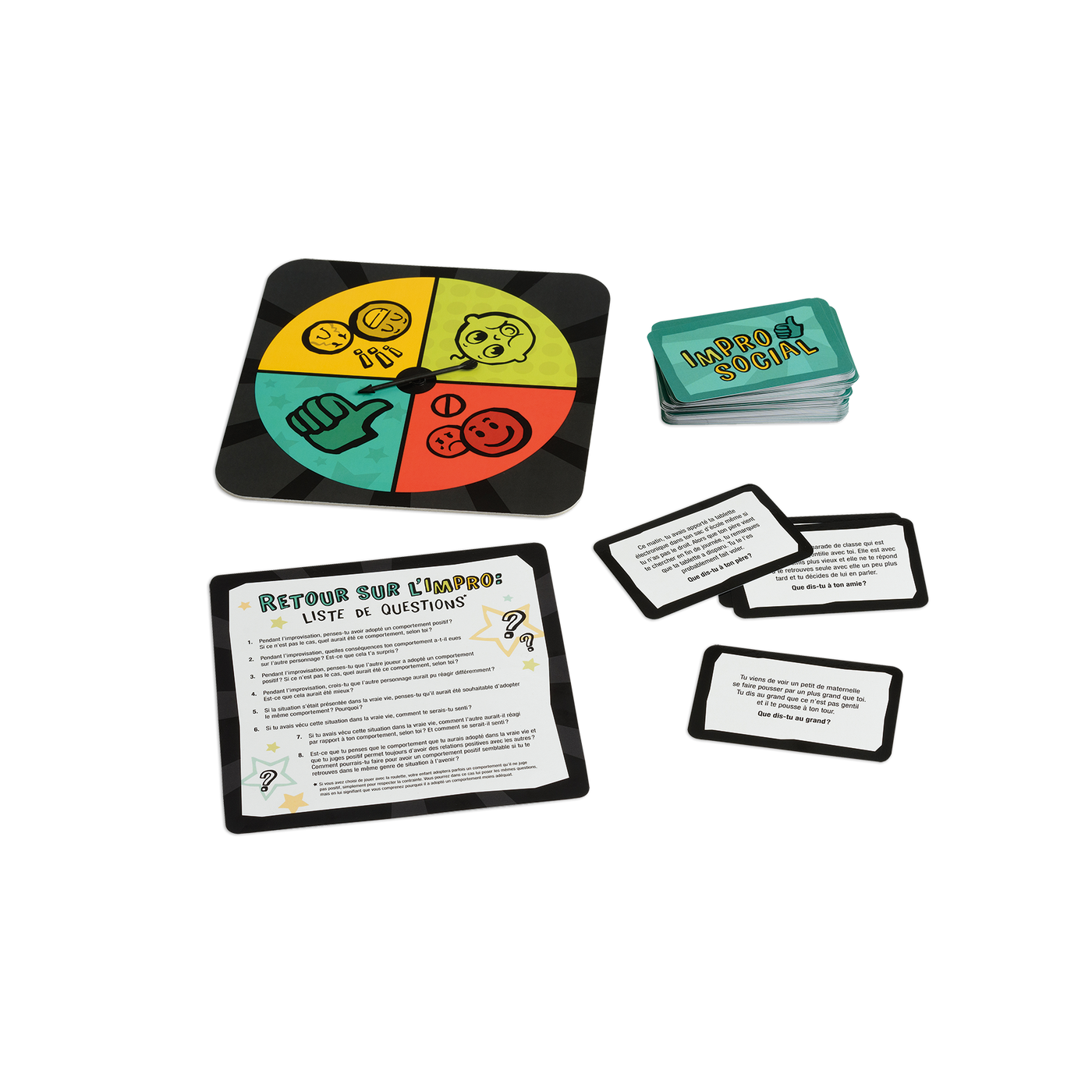 ImProsocial - Composantes du jeu : roulette pour choisir le type d’improvisation, cartes-situations et liste de questions