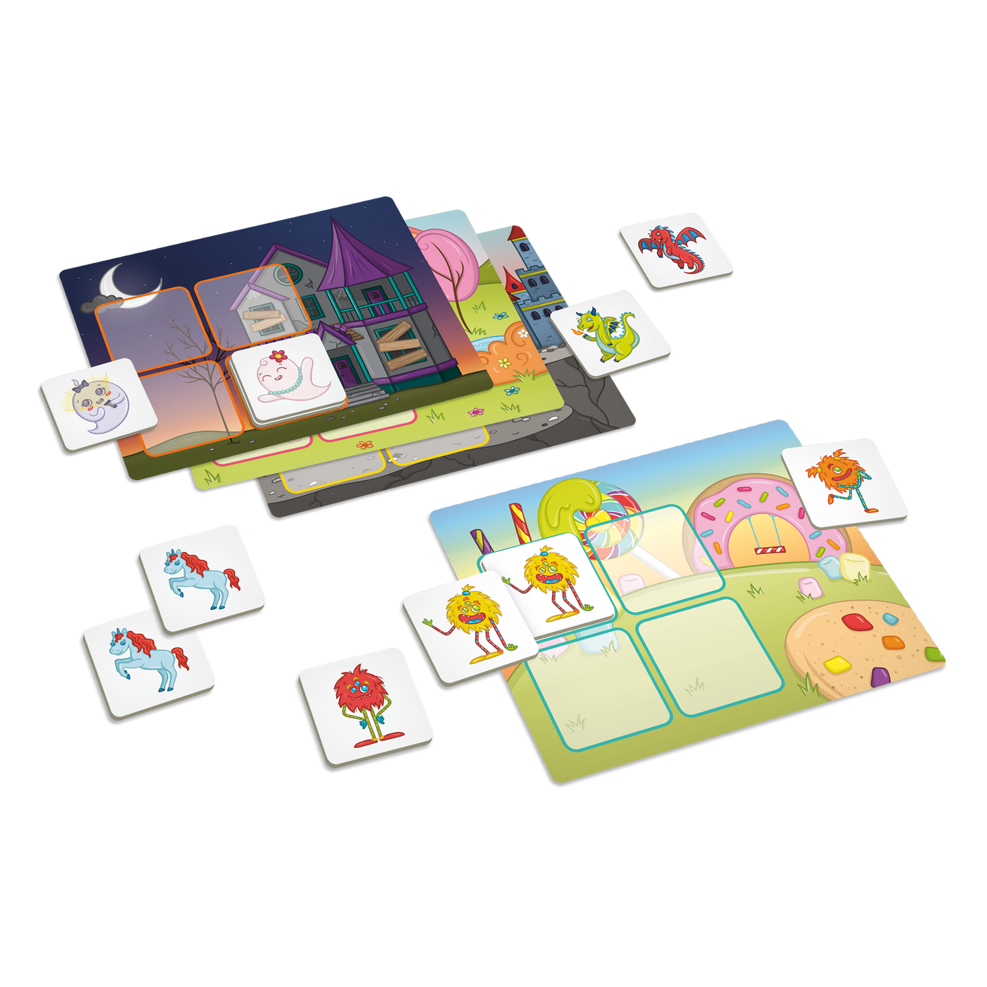 Dompteur de mémoire - Composantes du jeu : aide-mémoires (planches de jeu, 1 par créature) et cartes-créatures
