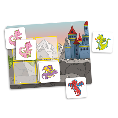 Dompteur de mémoire - Aide-mémoire «Dragon» et exemples des 4 cartes-dragons correspondantes (rose, mauve, rouge, vert)
