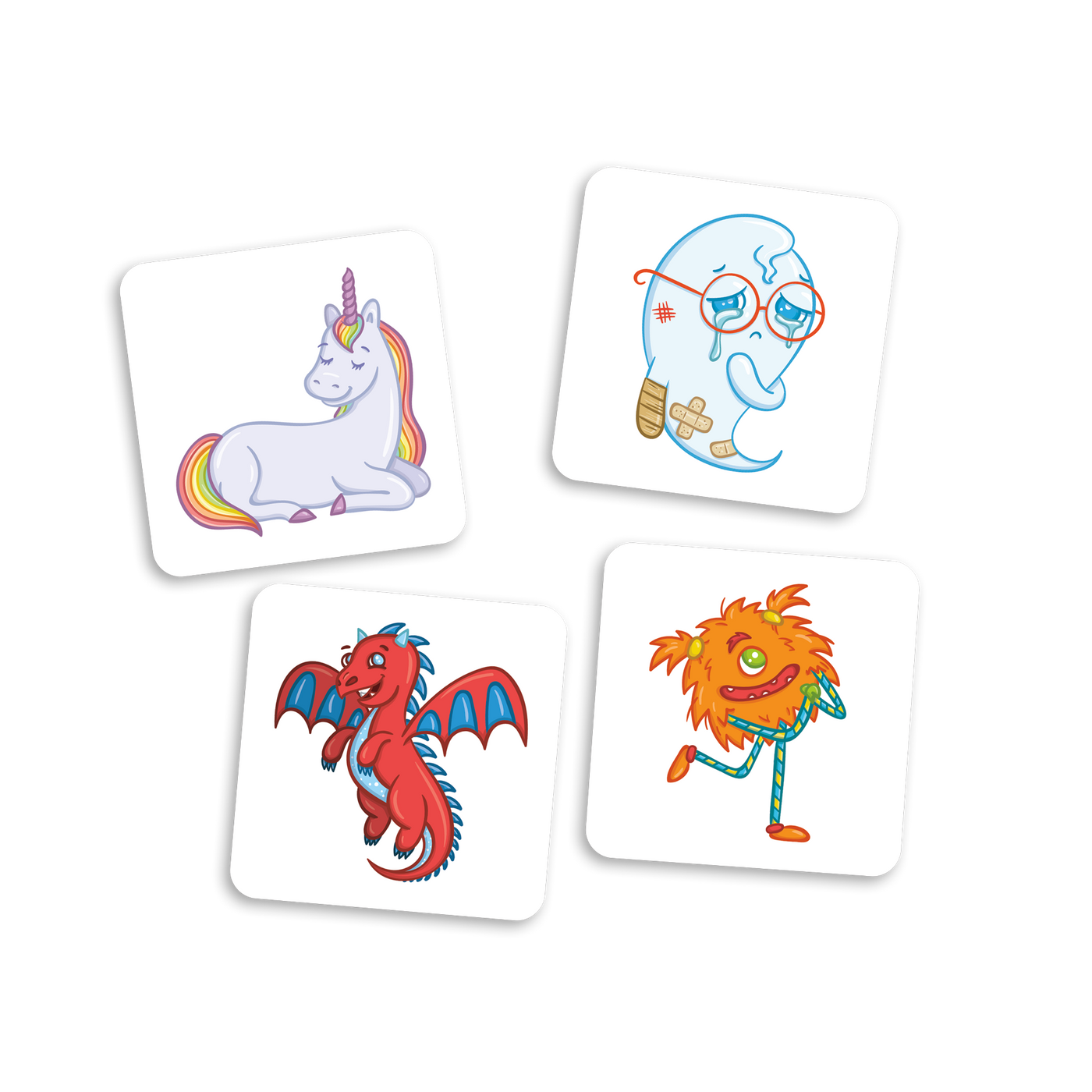 Dompteur de mémoire - Exemples de cartes-créatures (licorne arc-en-ciel, fantôme avec bobo, dragon rouge et monstre orange)