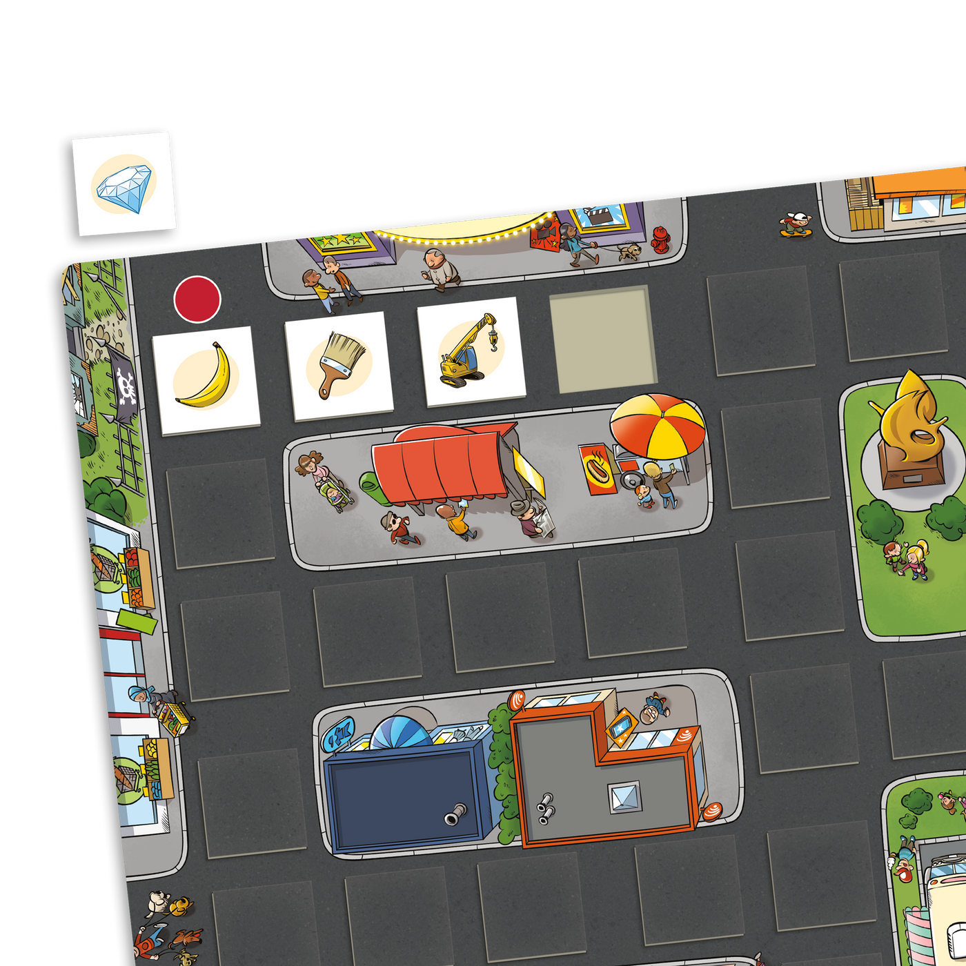 Vol de mémoire - Zoom sur plateau de jeu (ville) avec cartes-objets : diamant, banane, pinceau et grue