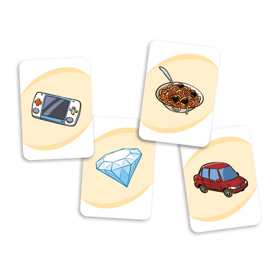 Vol de mémoire - Exemples de cartes-cibles : console de jeux portative, diamant, bol de spaghetti, automobile rouge