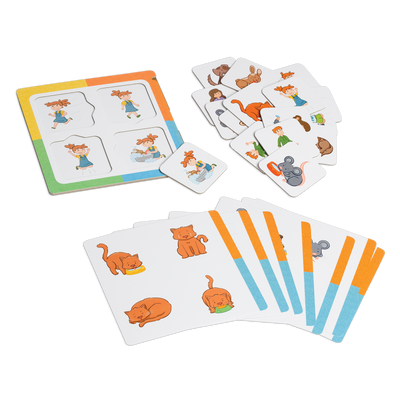 Loto des petites phrases - Composantes du jeu : gabarit, planches de jeu et cartes-images illustrant animaux et humains