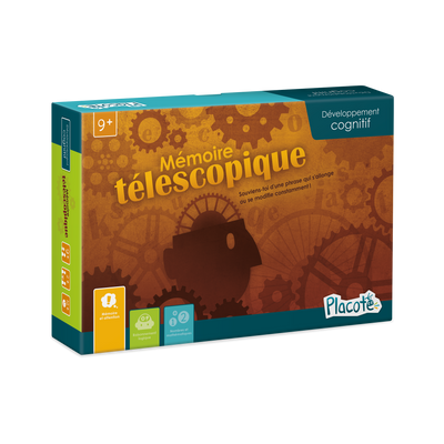 Mémoire télescopique - Devant de la boite du jeu (rouille) : tête entourée d’engrenages, roues et lettres de l'alphabet