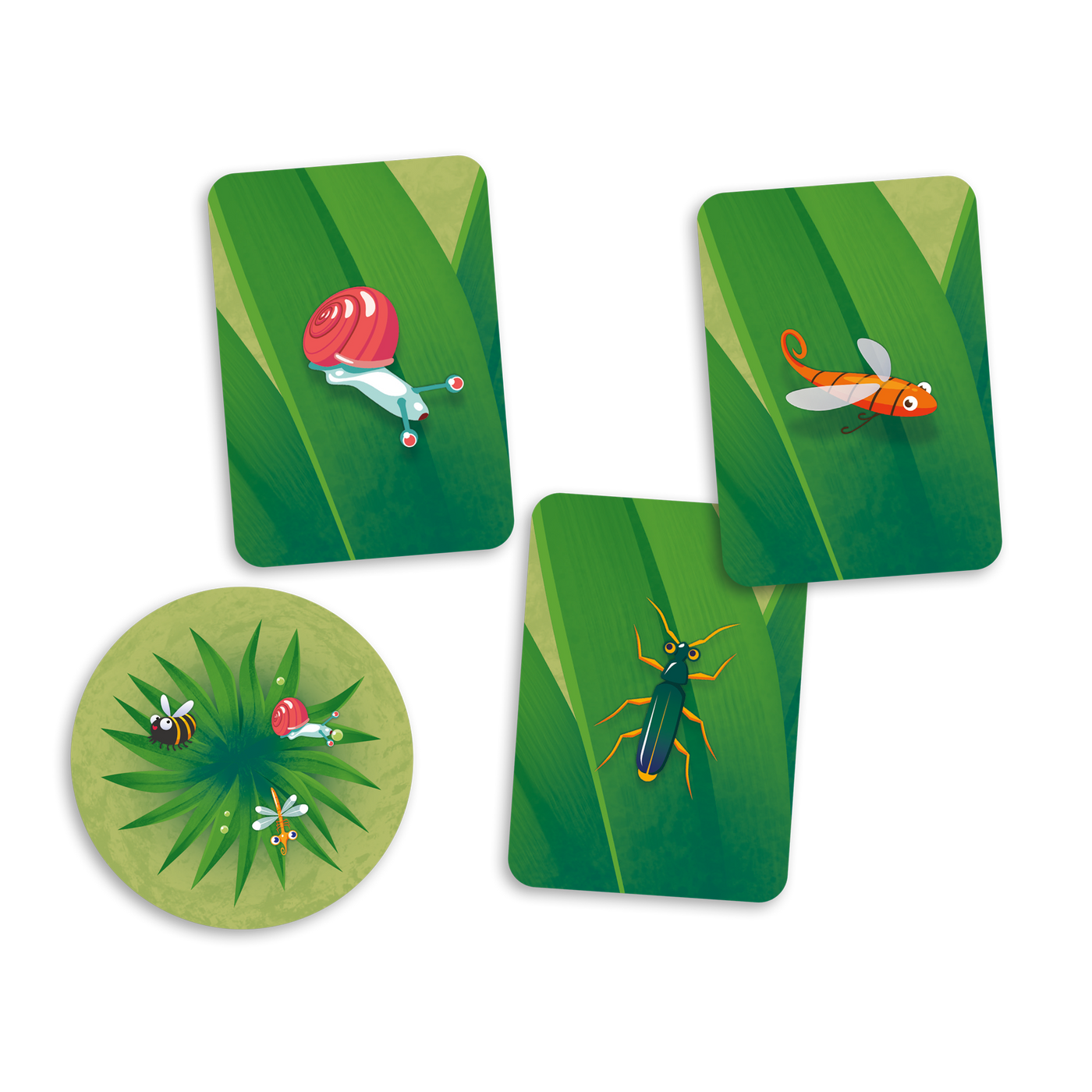 Chasseurs en herbe - Exemples de carte-herbe (1) et cartes-bestioles (escargot rose, moustique orange et insecte bleu-vert)
