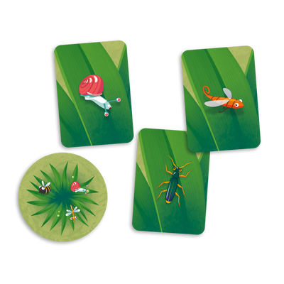 Chasseurs en herbe - Exemples de carte-herbe (1) et cartes-bestioles (escargot rose, moustique orange et insecte bleu-vert)