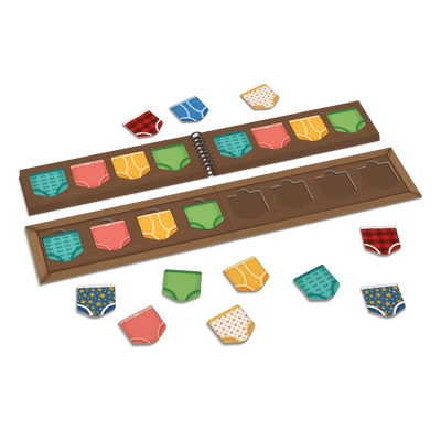 Le tiroir à bobettes - Composantes du jeu : gabarit-tiroir, guide de rangement boudiné et morceaux de bobettes