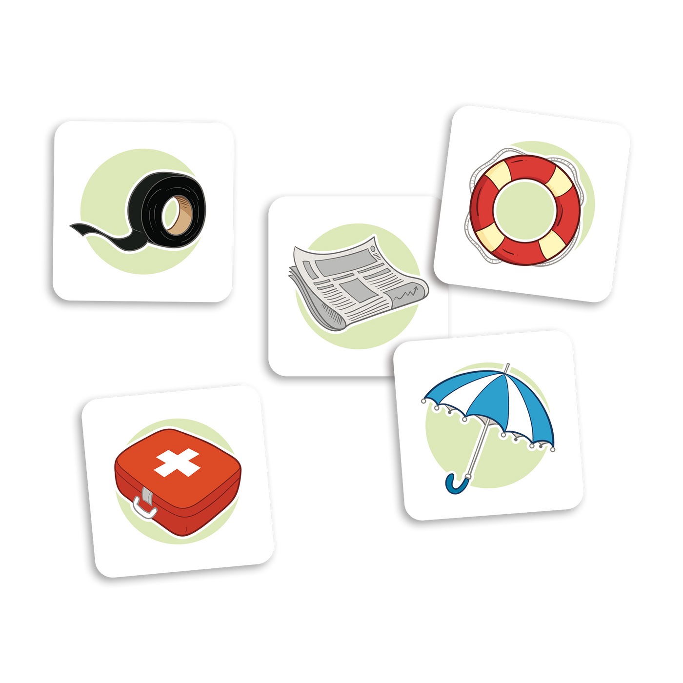 Sans problème - Exemples de cartes-objets : trousse de premiers soins, rouleau de ruban adhésif, journal, bouée et parapluie