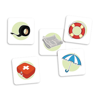 Sans problème - Exemples de cartes-objets : trousse de premiers soins, rouleau de ruban adhésif, journal, bouée et parapluie