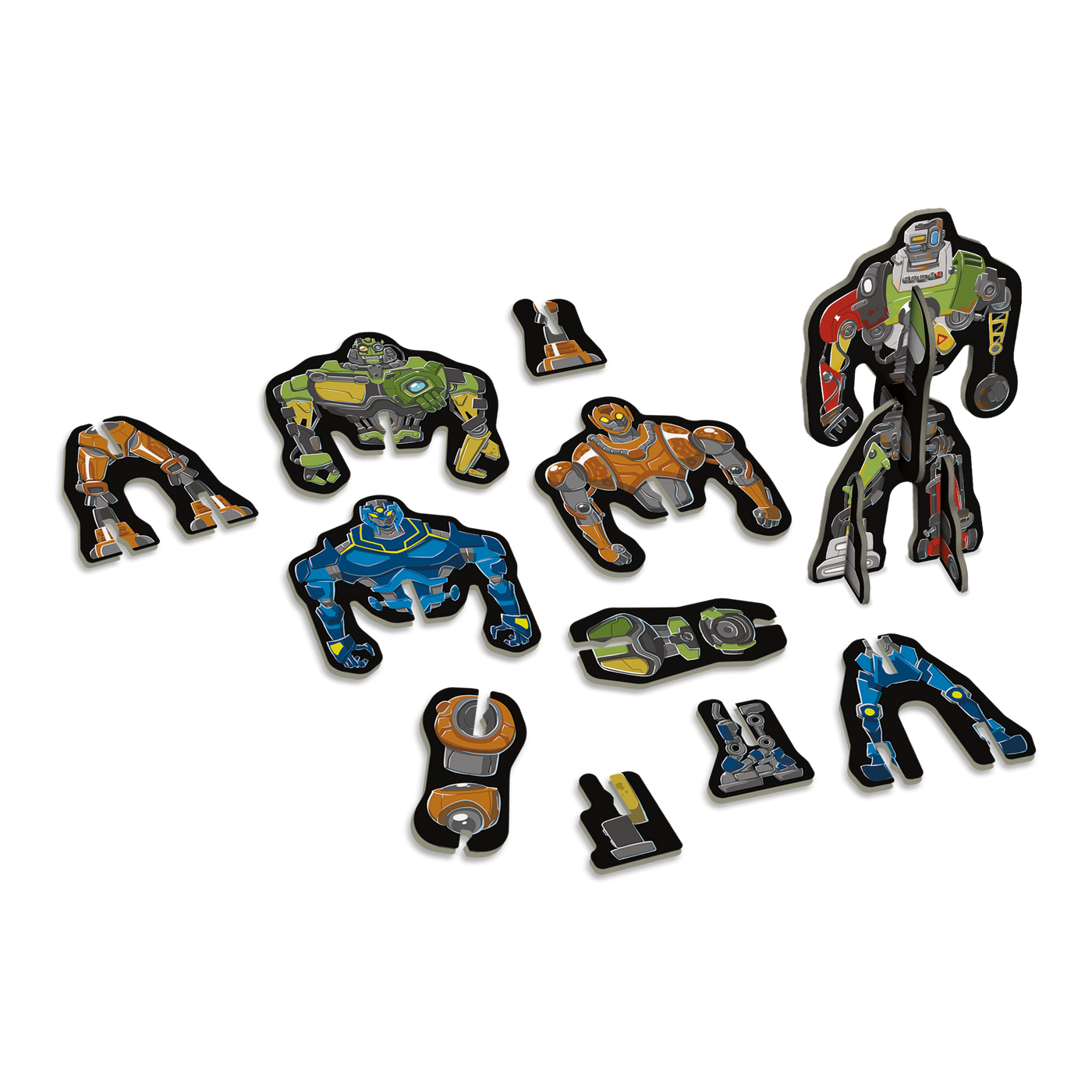 Robomatique - Exemples de morceaux de robot (haut du corps, abdomen, jambes, pieds) et d’un robot complet assemblé