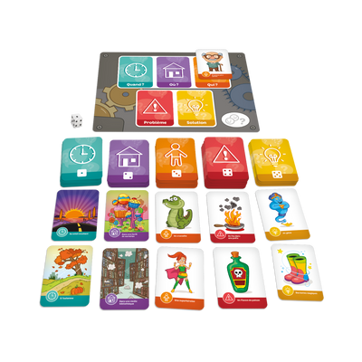Histoire de raconter - Composantes du jeu : planche de jeu (usine), cartes-images (5 types, couleurs différentes) et dé