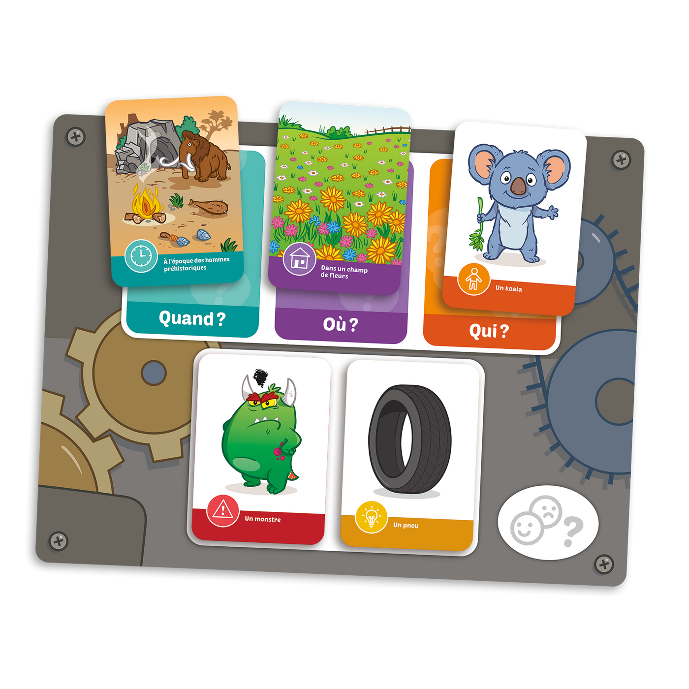 Histoire de raconter - Planche de jeu avec 5 cartes-images : époque préhistorique, champ de fleurs, koala, monstre, pneu