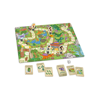 En mission chez les dinosaures - Composantes du jeu : plateau de jeu (parc), cartes-questions, 4 pions-personnages et dé