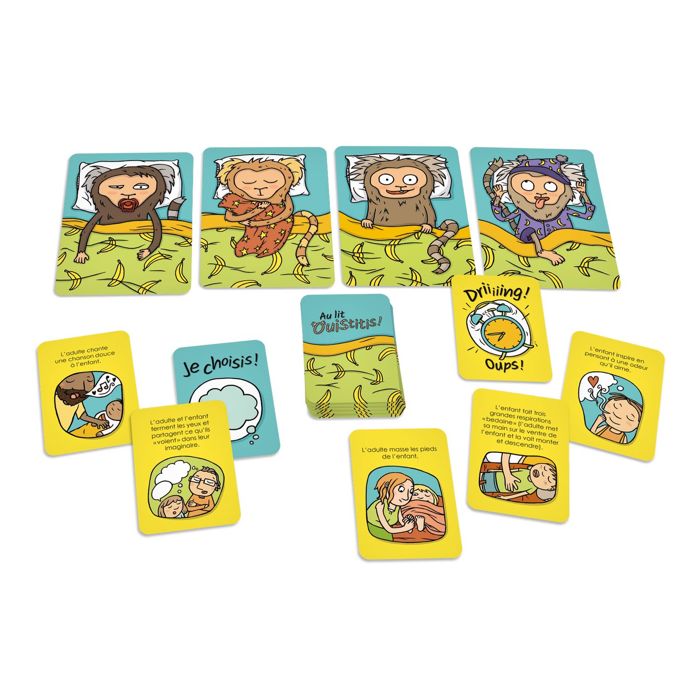 Au lit ouistitis! - Composantes du jeu : 4 cartes-ouistitis, cartes-actions, cartes « Oups! » et « Je choisis »