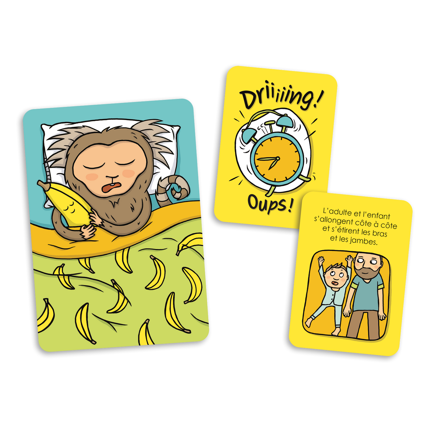 Au lit ouistitis! - Exemples de cartes : carte-ouistiti, carte « Oups! » et carte-action (s’allonger et étirer bas et jambes)