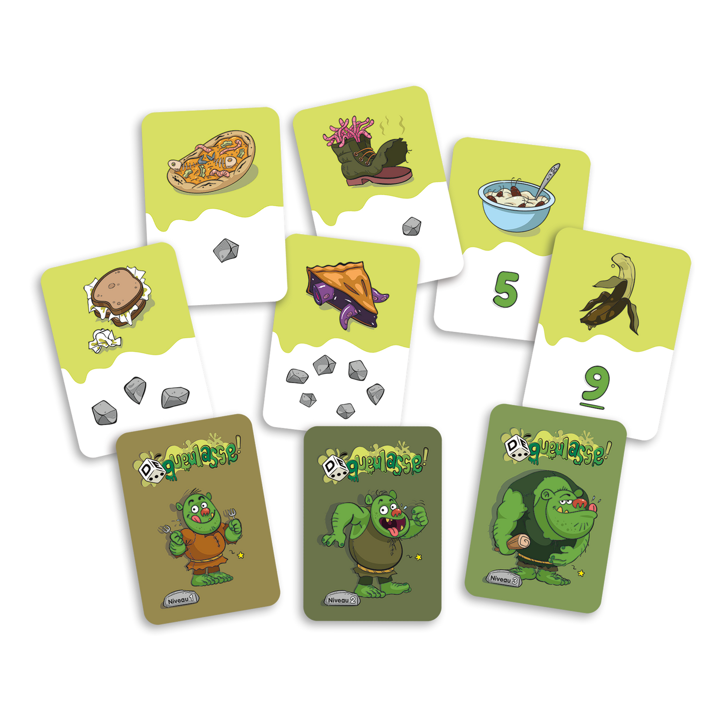 DÉgueulasse! - Exemples de cartes-ogres des 3 niveaux proposés : 1 à 6 pierres (niveau 1) et chiffres 5 et 9 (niveaux 2 et 3)