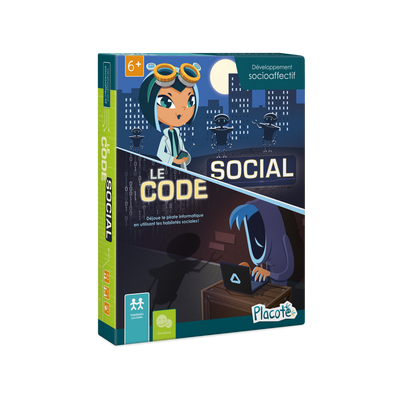 Le code social - Devant de la boite de jeu, illustrant un pirate informatique derrière son ordinateur et une scientifique