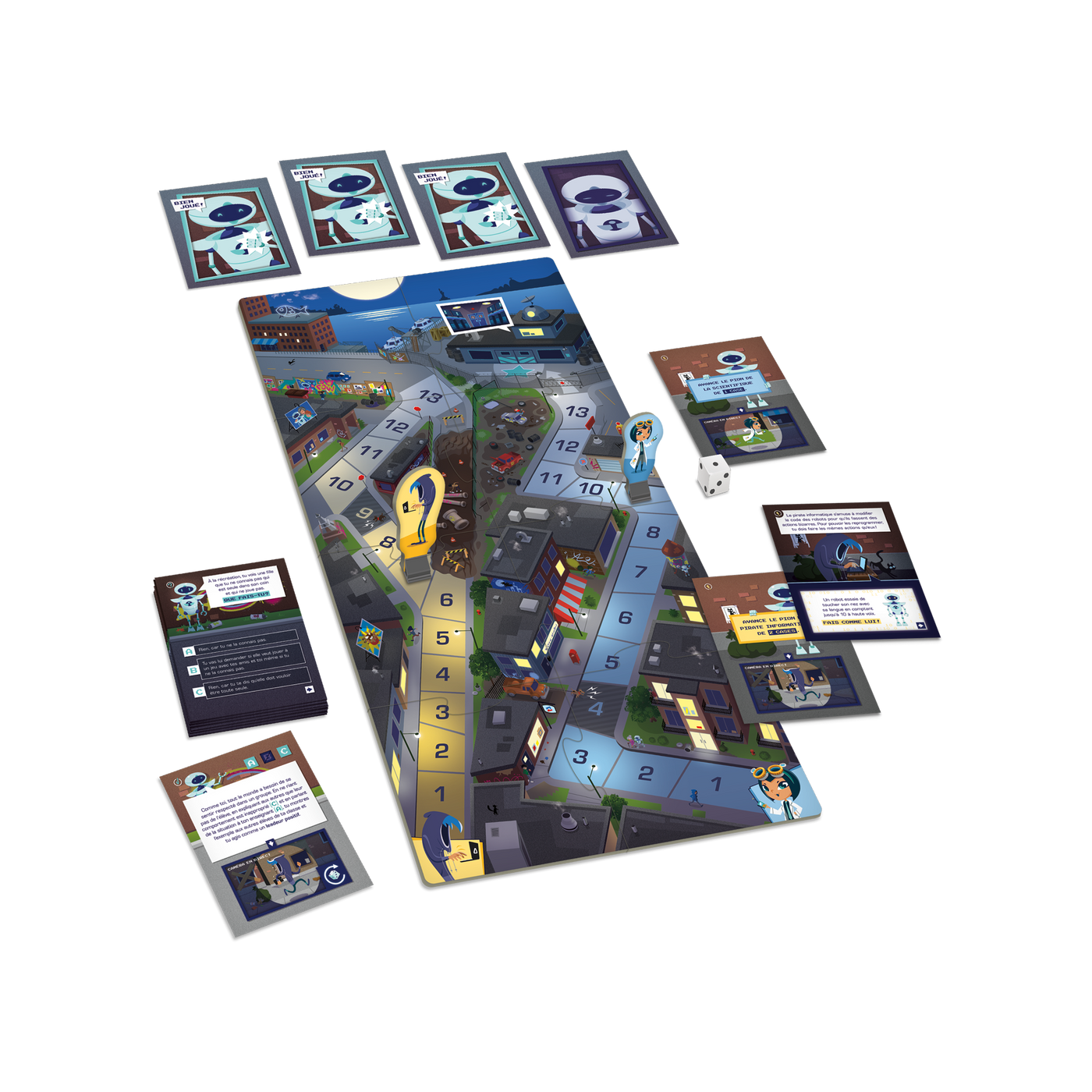 Le code social - Composantes du jeu : planche (ville nocturne), cartes-questions/défis, cartes « Bien joué! », 2 pions et dé