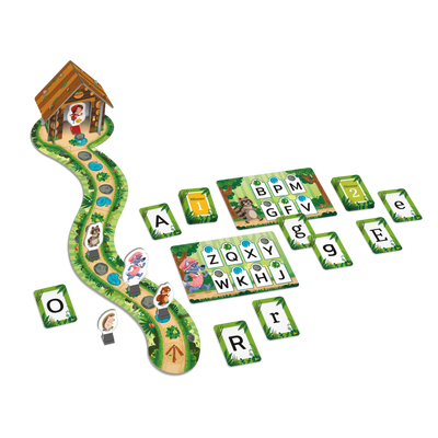 Alpha-bêtes - Composantes du jeu : planche de jeu avec cabane 3D, fiches-personnages, cartes-lettres (2 niveaux), 5 pions