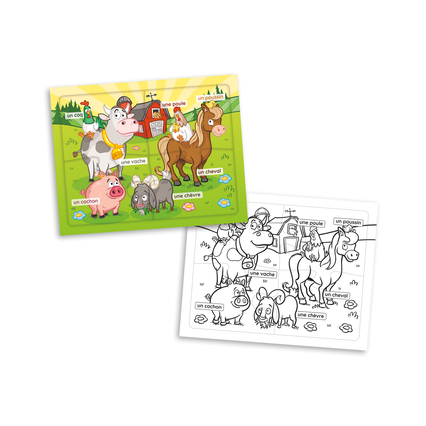 Mes premiers casse-têtes à colorier : les animaux - Casse-tête « ferme » (4 morceaux), recto en couleurs et verso à colorier