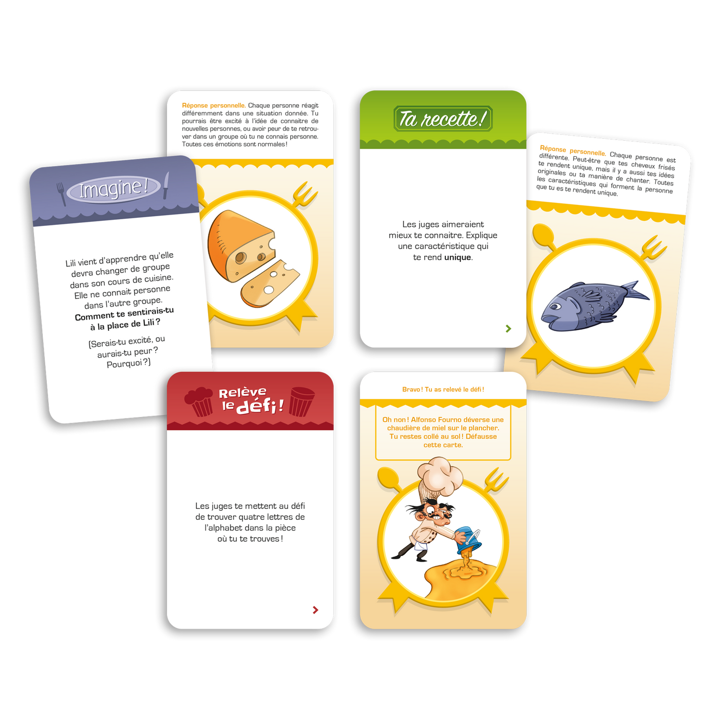 La guerre des toques – Exemples de cartes-questions : À toi de jouer, Ta recette, Relève le défi, etc.