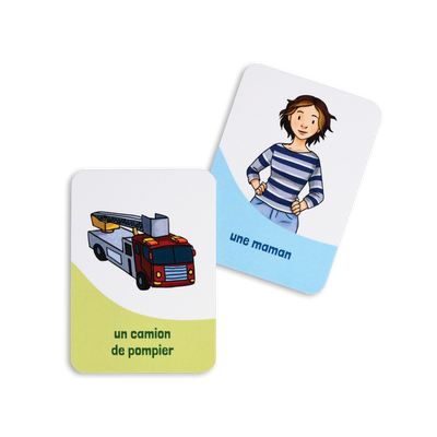 Qui cherche quoi où? - Exemples de cartes-questions du jeu : la maman (c’est qui?) et un camion de pompier (c’est quoi?)